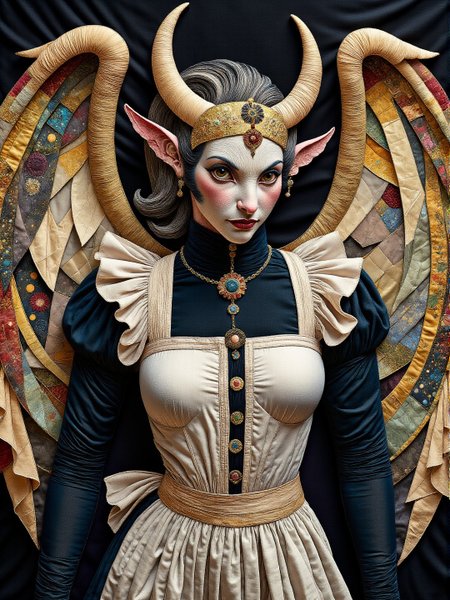 gargoyle wearing a maids uniform <lora:midjourney_whisper_chromaplex_v1:0.9> <lora:Embroidered_Quilting_Flux:0.9>
