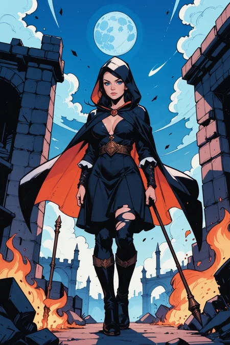 1girl, black hair, staff, long hair, holding, solo, dress, moon, cloak, cape, night, holding staff, standing, ruins, torn clothes, fire, sky, outdoors, looking at viewer, breasts, full body, black dress, pale skin, cloud, cloudy sky, hood, <lora:Expressive_H:0.5>, score_9, score_8_up, score_8_up, a_Comic_Illustration, rough lines with ink, (drawn:1.1), (sketch:1.5), (crosshatching:1.25), (comic style:1.1), graphic novel style, sharp lines, hires, zstyle, (western comics \(style\):1.1), (hatching \(texture\):1.2), zPDXL, Mr_Monster_Possitive