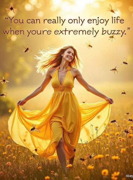 A Poster with a qoute saying " “You can really only enjoy life when youre extremely buzzy.”" feautring  stunning woman with a radiant smile and golden locks dances in a sun-kissed field, surrounded by a swarm of busy honeybees. Her dress flows like a river of honey as she twirls, her arms outstretched, rejoicing in the sweet symphony of buzzing wings. Moneyflying, a masterpiece of movement and light, this joyful scene is bathed in warmth, with the beauty of nature and the beauty of life intertwined.