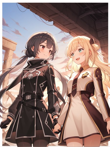 2girls,smile,holding hands,cloud,open mouth,blue sky,upper body,looking at another,low twintails,closed mouth,outdoors,blush,sky striker ace - raye,ordinary uniform,brown hair ornament,white cropped jacket,brown waist cape,white collared dress,brown necktie,sky striker ace - roze,black scarf,black military uniform,black gloves,black pantyhose,black hair ornament,white border, evening, ruins, broken mechanical parts
masterpiece,best quality,amazing quality,very aesthetic,absurdres,newest,<lora:Sky striker ace - Raye & Roze illusXL v1.1:0.71>,