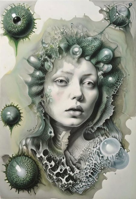 raw sketch of interwoven concrete cement pebbles cob cobblestone shell fishscales snakeskin, melting flesh covered in moss rot mold bubbles droplets, by Hans Bellmer, by Malevitch, by Kandinsky, Surreal psychedelic bizarre, psychedelic hallucination, pop surrealism, rough crosshatch drawing pop art Lunatic_Portrait of a young woman in latex Avant-garde Fashion page, slick back, low bun, black makeup, sinister expression, intense glare, avant-garde, abstract, weird, geometric, constructivism, suprematism, rayonism, verticism, lineism, tj