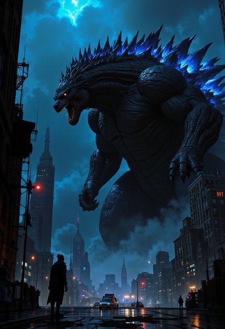 a digital illustration depicting a massive, towering creature resembling Godzilla amidst a cityscape. The creature is characterized by its dark, scaly skin and prominent dorsal spines that glow with a bluish hue. Its mouth is open, revealing sharp teeth, and it appears to be roaring. The city around it is shrouded in darkness, with skyscrapers on either side, some partially obscured by mist and smoke. The ground is wet, reflecting the creature's glow and the surrounding lights. The atmosphere is tense and dramatic, with a sense of impending destruction. The overall color palette is dark, with shades of blue, gray, and black dominating the scene, creating a moody and intense visual impact.