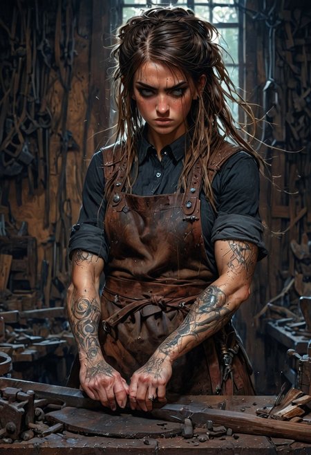 1girl, (solo:1.1), woman, blacksmith, black hearts, brown hair, long hair, tied hair, cleavage, blush, leather apron, focused, hammer and anvil, tool belt, forge background, tattoos, perfect anatomy, approaching perfection, dynamic, highly detailed, smooth, sharp focus, art by Carne Griffiths and Wadim Kashin, trending on artstation, sharp focus, intricate details, highly detailed, by greg rutkowski, mysterious, epic, cinematic, digital art, 4k,   <lora:EpicF4nta5yXL:1>