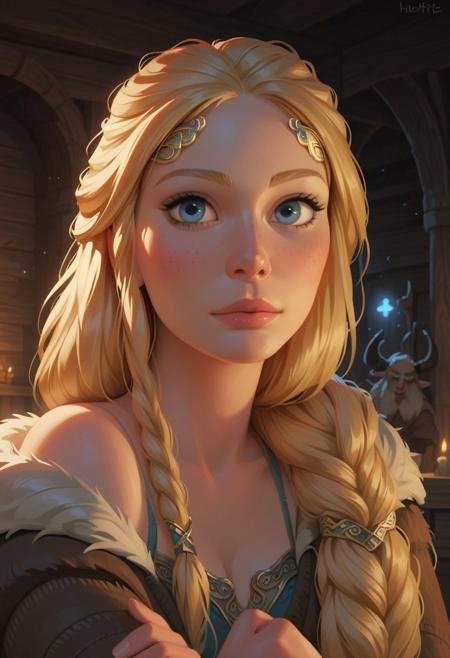 score_9,score_8_up,score_7_up,score_6_up, masterpiece, realistic, highly detailed, 1girl, viking woman, (cute intriguing face, slender natural body:1.1), detailed blue eyes, blonde hair, braided ponytail, Norse jewelry, pensive, eyelashes, medieval, historical dress, fur coat, stars, cowboy shot, viking, calm, rest (natural lighting:1.3), background characters