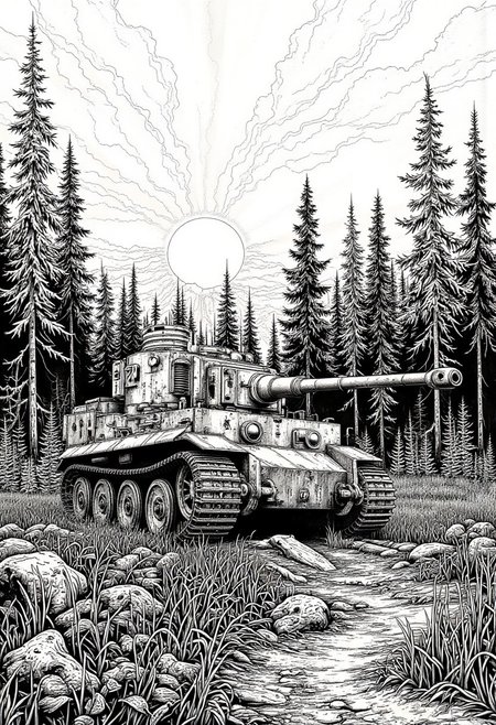 Graphic illustration, in black and white, of a terrestrial forest landscape with a brilliant sunset. 1 German tiger tank with camouflage bushes, 
 <lora:Dieselcore:0.7> d1eselc0re <lora:Glitchcore_Flux:0.4> gl1tchc0re