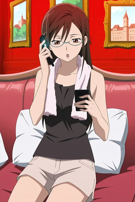 anime screencap, anime coloring, detailed face, masterpiece, best quality, very aesthetic, absurdres, volumetric lighting, official style, amazing quality, ultra detailed,  highres, amazing quality, scenery, beautiful detailed hair, beautiful detailed eyes, defined fingers, five fingers,
<lora:StS-Illustrious-Detail-Slider-v1.0:4>
 <lora:Misaki_Kirihara_Darker_Than_Black:1>
next to a red brick building,
Misaki indoor clothes (outfit), Misaki Kirihara (character), 1girl, solo, glasses, couch, shorts, towel, brown hair, hair down, sitting, towel around neck, brown eyes, pillow, long hair, cup, painting (object), tank top, :O, cowboy shot, holding cell phone to ear