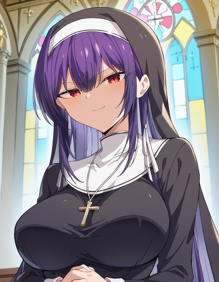 score_9, score_8_up, score_7_up, source_anime, <lora:takane-takamine-trailer-ponyxl-lora-nochekaiser:1>, takane takamine, long hair, red eyes, purple hair, large breasts, bangs, very long hair, hair between eyes, <lora:traditional-nun-ponyxl-lora-nochekaiser:1>, traditional nun, nun, habit, long sleeves, dress, black dress, jewelry, black veil, cross, cross necklace,, church, smug, praying,, , dutch angle, cowboy shot