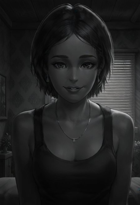 Graphic Design, greyscale, monochrome, intricate details, high contrast, detailed background, beautiful detailed, beautiful face, detailed eyes, detailed face, new, k4r1n4, 1girl, jewelry, solo, short hair, earrings, necklace, black hair, tank top, looking at viewer, room, dynamic pose, light smile, parted lips, perspective, (masterpiece, best quality, newest, recent, absurdres),