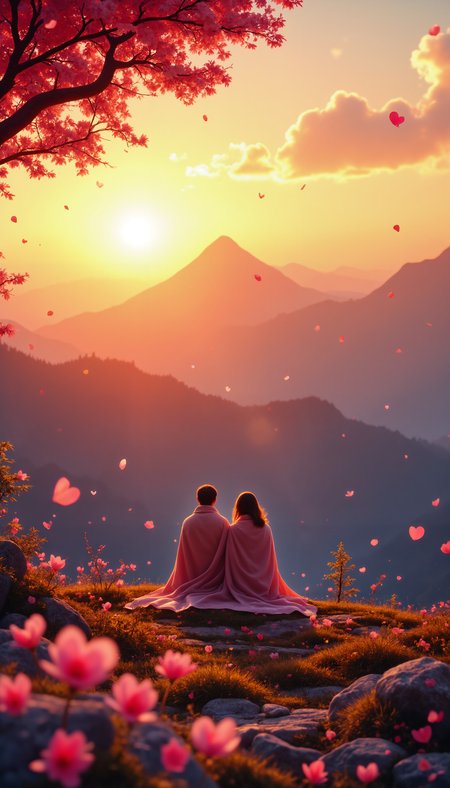 blissful valentine, A breathtaking mountain peak at sunset, where two lovers stand wrapped in a shared blanket, gazing at the golden sky, as petals from a nearby cherry blossom tree float in the wind.
