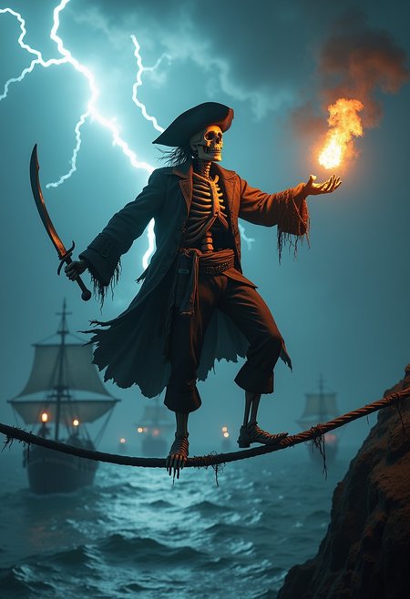 A skeleton dressed in a tattered pirate coat and tricorn hat, balancing on a tightrope high above a stormy ocean, holding a flaming cutlass in one hand. Lightning flashes illuminate the scene, with ghostly ships visible in the distance. 4K, highly detailed, spooky and absurd
