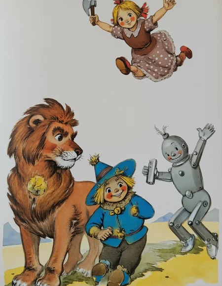 <lora:lv:1>, This is a whimsical, hand-drawn illustration in a cartoon style, likely inspired by the classic children's book "The Wizard of Oz." The scene features four characters: a lion, a scarecrow, a tin man, and a young girl. The background is a pale yellow with a few faint mountain silhouettes, suggesting an open, expansive setting., 
In the foreground, the lion stands on the left, with a large, expressive face and a mane of brown fur. It has a white snout and paws and is wearing a blue tunic with a yellow trim. To the right of the lion stands the scarecrow, dressed in a blue hat with a yellow band, a blue coat, and yellow pants. The scarecrow has a cheerful, wide-eyed expression and a yellow face with a small black nose., 
Next to the scarecrow is the tin man, who appears to be in mid-motion, with a silver body, a blue hat, and a red shirt. His arms are extended, and he is holding a small axe in one hand. To the right of the tin man, the young girl, Dorothy, is depicted in mid-air, wearing a brown dress with white polka dots, a white pinafore, and red shoes. She has