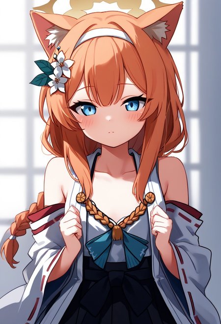 score_9, score_8_up, score_7_up, upper body blue_eyes, orange_hair, braid, long_hair, flat_chest, halo, hair_flower, animal_ear_fluff, gym_long pants,white_hairband Mari_(Blue_Archive),Mari_(Blue_Archive),
Upper body <lora:kancolle-kongou-cosplay-ponyxl-lora-nochekaiser:1>, kancolle kongou cosplay, kongou (kancolle) (cosplay), kongou pose, nontradional miko, cosplay, ribbon-trimmed sleeves, ribbon trim, bare shoulders, headgear,