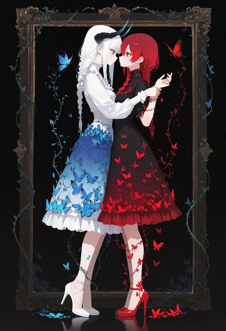 masterpiece, very awa, amazing quality, best quality, newest, highres, absurdres, 2girls, multiple girls, white hair, long hair, red hair, single braid, red frilled dress, horns, white frilled dress, high heels, white footwear, red footwear, grabbing another wrist, full body, face-to-face, profile, black background, gradient background, picture frame, red butterfly, blue butterfly, (flowers), vines, gradient, surreal, <lora:NOOB_vp1_detailer_by_volnovik_v1:0.3> <lora:ponyv6_noobV1_2_adamW-000017:0.3> <lora:illustriousXL_stabilizer_v1.23:0.3> <lora:114558v4df2fsdf5:0.5> <lora:XXX667:0.5> <lora:mon_monmon2133:0.4>