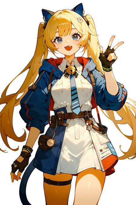(score_9,score_8_up,score_7_up),<lora:Michele(kalabiqiu)-v1:1>,Michele(kalabiqiu),1girl,twintails,gloves,long hair,blonde hair,solo,fang,v,animal ears,necktie,white background,bell,tail,jacket,blue eyes,open mouth,fingerless gloves,cat tail,simple background,cat ears,black gloves,looking at viewer,blue jacket,blush,hand on hip,white dress,smile,dress,very long hair,breasts,bangs,pouch,cowboy shot,neck bell,medium breasts,belt,
good feet,anime,NSFW,expressive,amazing quality,ultra hd 32k,