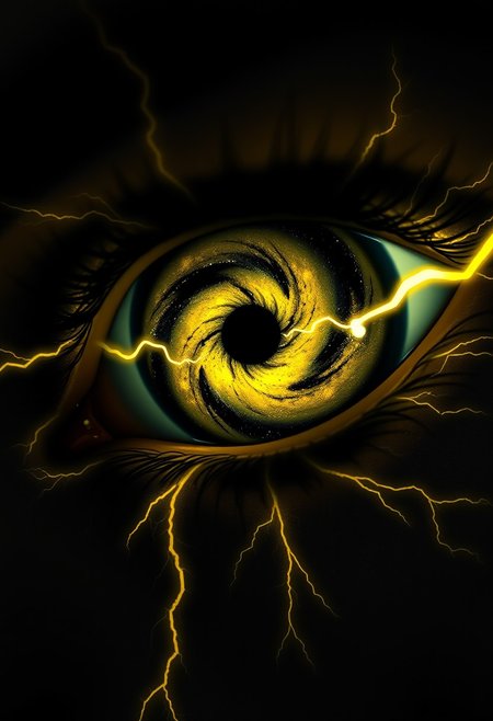 A hyper-detailed close-up of a human eye with the iris and pupil transformed into an abstract galaxy with a high-contrast yellow and black theme. The swirling pupil features deep blacks and vibrant yellows, with dynamic lightning bolts arcing through the galaxy, creating a sense of intense energy and movement. Surrounding the eye, stylized makeup in bold black and bright yellow mirrors the lightning, with sharp, jagged lines that radiate outward like electricity. The atmosphere is dark and moody, charged with a sense of power and mystery, while the face fades into deep shadow, drawing all focus to the electrifying eye.