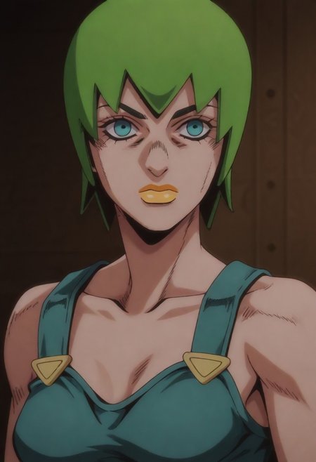 masterpiece, best quality, amazing quality,,, shiny skin,,,,,  (((1girl, solo, FooFighters, Green Hair, Short Hair, Cyan Eyes, Yellow Lipstick, Teal Overalls, Gold Buttons, perfect face, detailed eyes))),