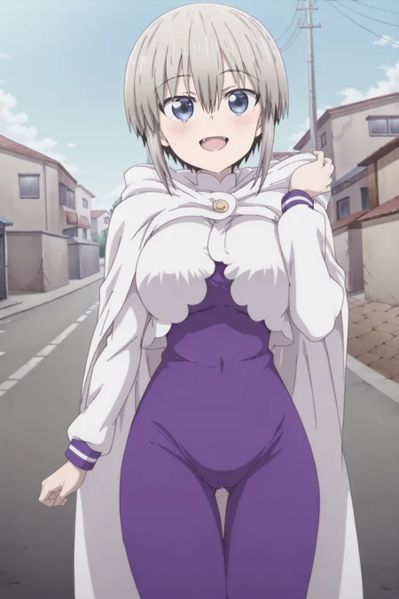 anime screencap, anime coloring, detailed face, masterpiece, best quality, very aesthetic, absurdres, volumetric lighting, official style, amazing quality, ultra detailed,  highres, amazing quality, scenery, beautiful detailed hair, defined fingers,
 <lora:Emilias_Season_4_outfit_ReZero:1>Emilia Season 4 outfit, 
outside, day, street, blue sky, in a neighborhood,
 <lora:Hana_Uzaki_Uzaki-chan_Wants_to_Hang_Out_-_Illustrious_V2:0.8> Hana Uzaki (character), uzaki hana, uzaki-chan wa asobitai!, 1girl, solo, short hair, gray hair, bangs, hair between eyes, blue eyes, large breasts, happy girl, :D, fang,