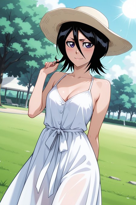 newest, masterpiece, best quality, 4k, indoors, very aesthetic, detailed background,  1girl, solo, <lora:Rukia Kuchiki - Bleach:1> ruk1a, kuchiki rukia, black hair, short hair, hair between eyes, purple eyes, blush,  outside, day, park, Rukia Kuchiki from bleach,  (((bleach art style))), cleavage, white sun dress, sun dress, cowboy shot, looking at viewer, dutch angle, twirling around, happy, grass, trees, spinning, spinning motions, arms out, sun hat,