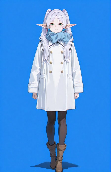 perfect quality,high quality,masterpiece,best quality,amazing quality,very aesthetic,absurdres,Cinematic Lighting,newest,Tactical use of shadow,front view,full_shot,smile,looking at viewer,
FrierenCyql,1girl,elf,solo,long hair,twintails,white hair,green eyes,pointy ears,earrings,jewelry,winter clothes,coat,scarf,blue scarf,long sleeves,pantyhose,black pantyhose,boots,brown footwear,
full body,standing,blue background,simple background,
<lora:ponyv4_noob1_2_adamW:0.7>,<lora:spo_sdxl_10ep_4k-data_lora_webui:0.6>,<lora:USNR STYLE_XL_loha:0.45>,<lora:illustrious_all_rated_v1:0.7>,<lora:Frieren_Illustrious by Cyql:1>,