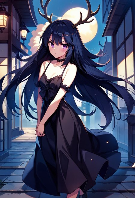 score_9,score_8_up,score_7_up,source_anime, Naden Delal,1girl,solo,blush,dark blue hair,bare shoulders,antlers,choker,v-shaped eyebrows, full body, purple eyes, small breasts,standing