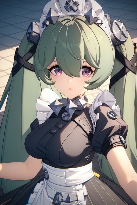 ZZZ_Style,<lora:ZZZ_Style_Pony:1>  <lora:ZenlessZoneZeroPDXL:1>corin wickes, 1girl, green hair, purple eyes, hair between eyes, twintails, maid headdress, puffy short sleeves, black dress, white apron,medium breasts, Score_9, Score_8_up, Score_7_up, Score_6_up, Score_5_up, Score_4_up, BREAK,1girl in full growth, best quality, masterpiece, ultra-detailed, high quality,good quality,1 girl,(master piece,high resolution, ultra detailed,8K,16K),look at viewer