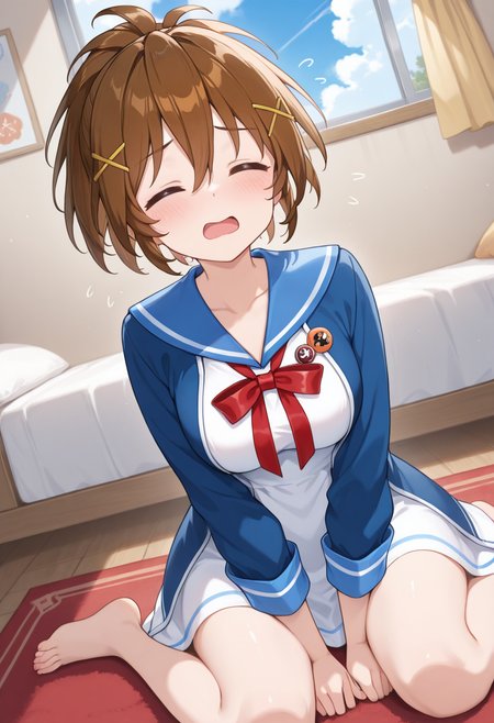 1girl,solo,<lora:akiserinail:0.9>,akesaka_serina,brown hair,=_=,closed eyes,ponytail,x hair ornament,hairclip,short hair,hair between eyes,dress,sailor dress,white dress,school uniform,blue sailor collar,blue jacket,button_badge,looking_at_viewer,cowboy_shot,dynamic_angle,flying_sweatdrops,wariza,barefoot,open mouth,sitting,day,carpet,bedroom,incredibly absurdres,masterpiece,best quality,good quality,newest,window,cloud,