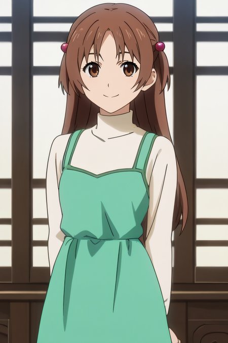 score_9, score_8_up, score_7_up, source_anime, rating_safe, intricate details, anime screencap, official style, 1girl, <lora:Uchida_Yuka:1>, yuka, brown hair, hair ornament, hair bobbles, long hair, brown eyes, white shirt, long sleeves, turtleneck, green dress, layered clothes, cowboy shot, looking at viewer, smile, indoor, arms behind back