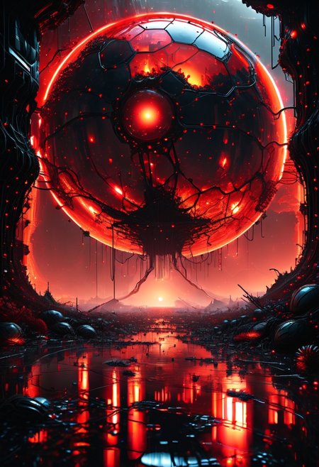digital, masterpiece, EdobHorrorLandscape, brutalism, 8k wallpaper. crystal clear, perfect details, (detailed art), absurdres,
surface of alien planet, earie, dark, ground covered in wires, covered in wires, huge alien sphere, (portal), in the middle, (huge hand reaching out), horror, red glow, (red beam).
moody lights, atmospheric, zoom in,