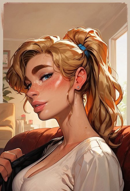 score_9, score_8_up, score_8_up, 1girl, cute girl, pretty girl, feminine, sexy, nsfw, 
fair skin, freckles, feminine body, thin waist, thick eyebrows, dirty blonde hair, ponytail, bangs, beautiful face, freckles, detailed face, blonde hair, large breasts, very perky breasts, wide hips, alluring, seducing, g0thicPXL, ((living room, detailed background)) seductive, 80's outfit, retro, close up shot, face focus