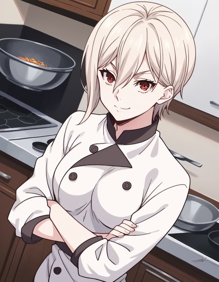score_9, score_8_up, score_7_up, source_anime,
alicenakiri, <lora:alice-nakiri-s1-ponyxl-lora-nochekaiser:1>,
alice nakiri, short hair, red eyes, white hair, hair between eyes,
pants, white pants, chef, long sleeves, sleeves rolled up,
indoors, kitchen, crossed arms, smile,
looking at viewer, cowboy shot, dutch angle, solo,
