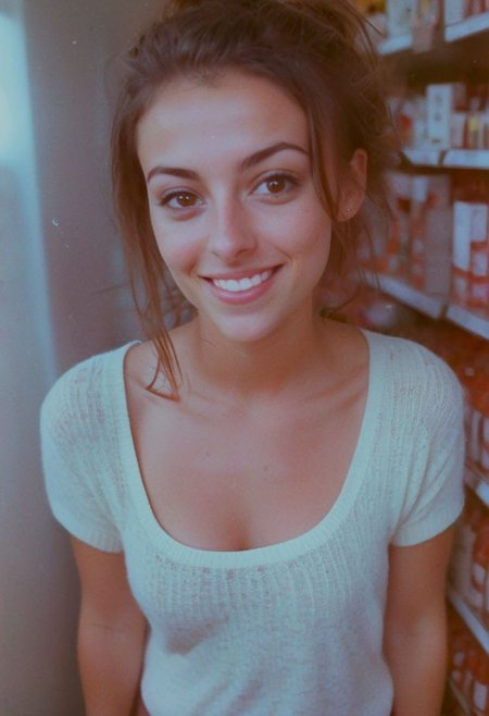 soaked_mundwasser_pee, face and cleavage closeup from above, A beautiful supermarket, a blushed smiling brunette freckled Woman in high wooly stockings and very short skirt standing at a candy shelf on tiptoes, colorful knitted sweater, cleavage, looking up, messy hairbun, infront of the atmospheric led-adverstisment, crepuscular rays, volumetric lighting, ultra detailed, deep Blacks, very detailed, atmospheric haze, Film grain, cinematic film still, shallow depth of field, highly detailed, high budget, cinemascope, moody, epic, OverallDetail, 2000s vintage RAW photo, photorealistic, candid camera, color graded cinematic, eye catchlights, atmospheric lighting, imperfections, natural, shallow dof