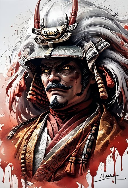 score_9,score_8_up,score_7_up,
Male illustration,50 years old,mature man,ambitious,beast-like sharp gaze,chubby but muscular,Japanese samurai,16th century,dramatic lighting,high contrast,decorative,atmospheric,haunting beauty,texture,(dynamic angle),round face,black,gray,red,yellow,
bust up,l,splash art,highly detailed illustration,trending on Artstation,paint splashes,perfect composition,watercolor,sharp focus,intricate details,highly detailed,
White background,mustache(1.3),windy,dynamic pose,dynamic angle,real,realstic,
Watercolor,<lora:BDpony_TakedaShingen_V1:0.9>,Takeda Shingen,
<lora:Midjourney_5:0.6>,<lora:WaterColorV3:0.8>,