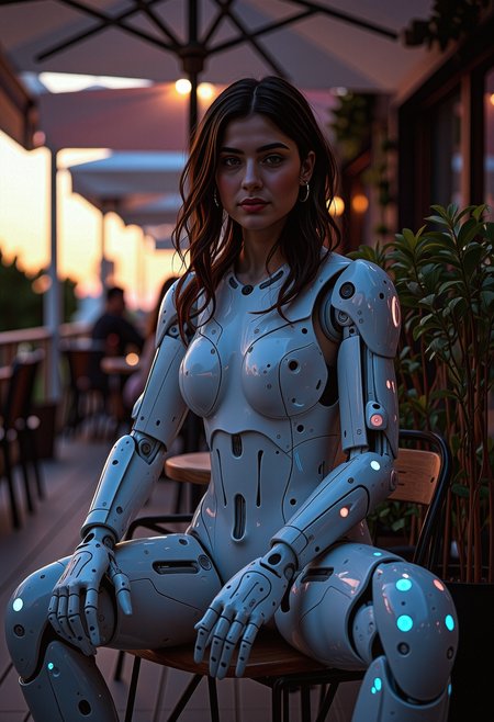 (radiant young persian cyborg), wearing Glitch-art ensemble, cybernetic Neuro-linked bioluminescent tattoos augments, Ceramic composite cyborg appendages with smooth porcelain-like surface, minimalist design, pearlescent sheen mechanical_arms, legs, arms and mechanical_legs, set in Cafe Terrace, Inviting outdoor space with modular seating pods, retractable sunshades, programmable LED mood lighting, vertical gardens, and robotic waiters gliding between tables , at sunset, with romantic lighting, <lora:Defluxion II.safetensors:1.0>, <lora:artist/style_of_Gil_Elvgren_FLUX_149-000009> <lora:flux/Sinfully_Stylish_1.0_Flux.safetensors:1.0>,  <lora:peeps/Emma_Watson-000052.safetensors:1.0>,