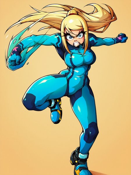score_9, score_8_up, score_7_up, score_6_up, score_5_up, yellow background, solo, 1girl, wide-eyed, samus aran, flying kick, angry,  <lora:WitchkingStyle-05:1>