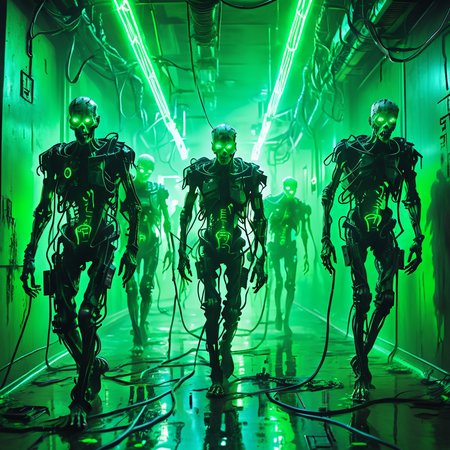 masterpiece,high resolution
A group of eerie cyberpunk zombies, walking through a dark, neon-lit hallway, their bodies covered in exposed wires and glowing green circuitry. The figures have skeletal, robotic frames, with glowing green eyes and flickering lights across their limbs. The atmosphere is filled with green mist and shadows, casting an ominous glow over the wet, metallic floor. A futuristic dystopian lab setting, with cables and wires hanging from the ceiling, creating a dark and unsettling mood
, <lora:halloween_x_cyberpunk-xl-9:0.6>