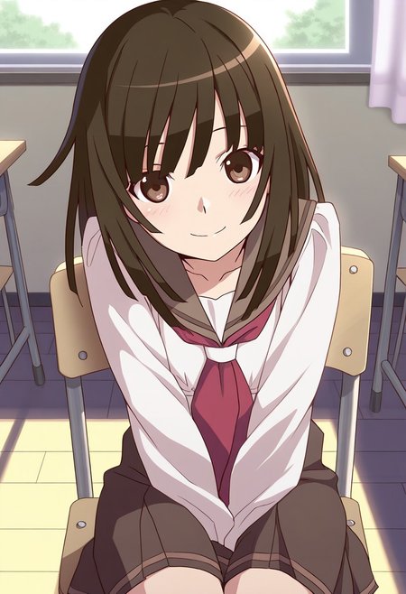 <lora:illustrious_XL_nadeko:0.9>,nadeko,masterpiece,best quality,good quality,1girl,solo,long hair,long bangs,school_uniform,sailor,day,indoor,classroom,v_arms,sitting_on_chair,smile,light_blush,