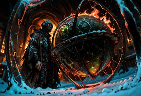 masterwork, masterpiece, best quality, wide angle, scene, depth of field, high detail, deep colour, high contrast, highly detailed, epic cinematic concept art, (octane render:1.6), (3d shading:1.6),  dynamic lighting, (Dreamlike surrealist painting:1.8),
(the world is burning (inside a glass sphere:1.9) :1.5), watched by a demon, surreal female demon, red eyes, swirling cloak turning into threatening clouds,
snow, glowing footprints, burning tears scorch the land, eldritch, horror, gdv2-illu,