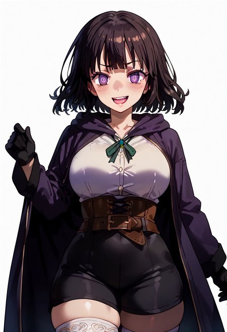 score_9. score_8_up. score_7_up. score_6_up. score_5_up. score_4_up, source_anime, 1girl, solo, calm, smile, smirk, seductive, squinted eyes, blushing, open mouth, 1girl, very_massive breasts, wide hips, thin waist, thick thighs, morgan_(female)_(fire_emblem), black hair, medium hair, bangs, purple eyes, purple robe, black robe, hooded robe, open robe, brown corset, white shirt, black shorts, black gloves, ((brown belt)), white stockings, cowboy shot, white background, <lora:ebora-Style-PonyXL-GLoRA-000049:1>, there is a lack of fire