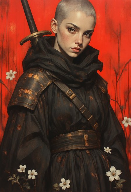 A highly detailed and realistic digital painting depicts a futuristic, cyberpunk-style character with pale, porcelain-like skin and sleek, dark hair, partially shaved on one side to reveal intricate, glowing geometric designs etched into her scalp. Her calm yet intense expression, framed by sharp, angular features, exudes an air of mystery and quiet strength. She wears an avant-garde, oversized black gown that flows dramatically around her, its deep, shadowy fabric adorned with shimmering, chrome-like gold accents that gleam with high-tech brilliance. The metallic embellishments pulse with a futuristic luminescence, casting intricate reflections as they catch the ambient light. A katana is strapped securely to her back, its golden hilt radiating a soft glow, hinting at her warrior-like persona. At her feet, delicate white flowers emerge from the ground, their ethereal presence starkly contrasting her cyber-enhanced form, symbolizing a fragile beauty amidst the technological opulence. The background is a striking, solid red, intensifying the dramatic contrast between her dark attire and the radiant gold elements, creating a bold and visually stunning composition. The entire scene masterfully blends cyberpunk aesthetics with surreal, dreamlike allure, as the interplay of light, shadow, and metallic reflections enhances the mesmerizing atmosphere, making her presence both commanding and otherworldly. (OBxiaoxiang)