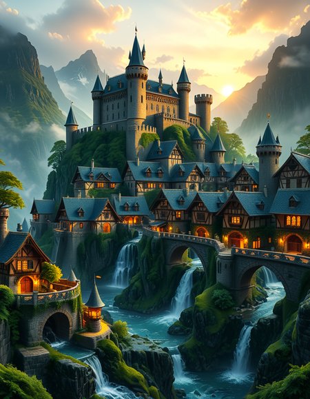 A breathtaking medieval fantasy city nestled in a lush valley, surrounded by towering mountains and dense forests. A grand castle with multiple towers and turrets stands atop a hill, overlooking the town below. The city consists of charming half-timbered houses with glowing windows, perched on rocky cliffs and connected by stone bridges over cascading waterfalls. The river flows through the village, reflecting the warm golden lights of lanterns and torches. Ivy and moss grow over the stone walls, adding to the enchanted, ancient atmosphere. The background features misty mountains with additional fortresses and watchtowers, partially hidden by low-hanging clouds. The sky is illuminated by a soft, warm sunset, casting a golden glow on the scenery, creating a perfect blend of realism and fantasy. Highly detailed, cinematic, and immersive, with a magical, fairy-tale ambiance.
<lora:SDXLFaeTastic2400:0.4> <lora:extremely_detailed:0.4> extremely detailed, <lora:medieval_f4nt4sy_c1ty:1>,medieval f4nt4sy c1ty, Masterpiece,best quality,hi res,8k,hi res,8k,award winning,(sharp focus, intricate, highly detailed),