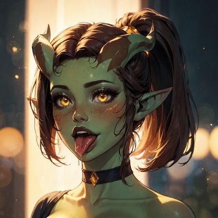 score_9, score_8_up,   portrait of a beautiful tiefling, brown ponytail, yellow eyes, choker, tongue out, saliva, blush, colored skin,  cinematic lighting, volumetric lighting, bokeh, source_cartoon,