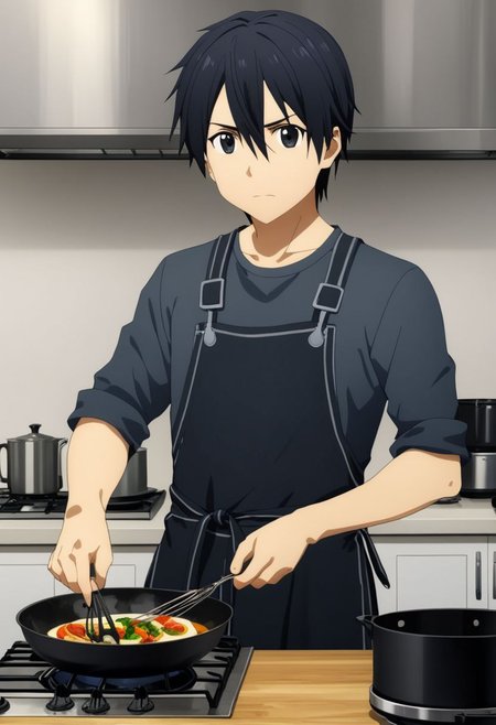 high resolution, professional photography, best quality, 1Boy, Kirigaya Kazuto, Black Hair, Black Eyes, overalldetail, cooking, kitchen