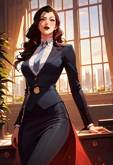 Asami Sato (Legend of Korra) girl,athletic body,black lipstick,wearing a coat with a black shirt with tie and a black baggy dress trousers with heels,score_9, score_8_up, score_7_up, 1girl, source_anime, 
expressiveh
Standing at a large office window of a private room with a view on a skyline at sunset