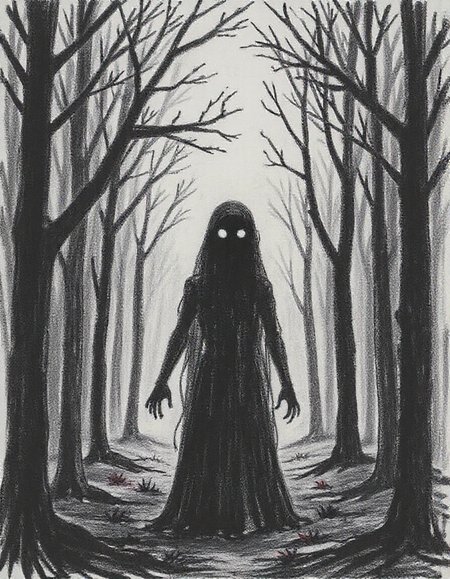 This is a dark, eerie drawing depicting a drawing of an dark creature without any eyes, It's in a dark gloomy forest. <lora:5yocrayon1_cap_d6a3e12:1>