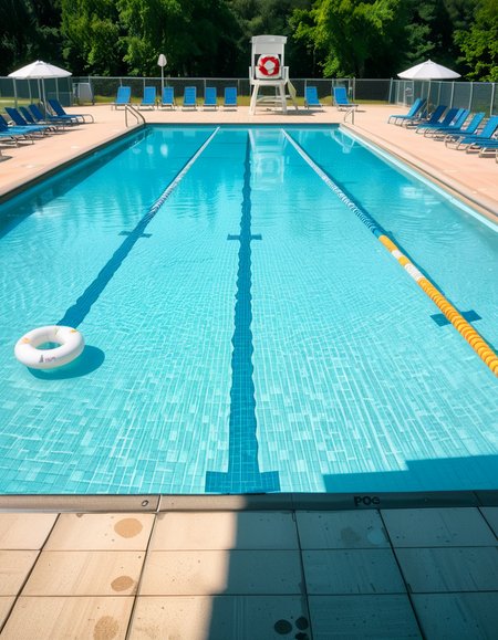 A large public swimming pool on a sunny day, completely empty of people. The clear blue water is still, reflecting the bright sky. Sunlight creates shimmering patterns on the tiled pool floor. The pool deck is lined with neatly arranged lounge chairs and colorful umbrellas. A lifeguard chair stands vacant at the poolside. Surrounding the area, lush green trees and well-maintained landscaping add a sense of tranquility. The atmosphere is calm and serene, with no movement except for the gentle ripples in the water.
<lora:SDXLFaeTastic2400:0.4> <lora:extremely_detailed:0.4> extremely detailed, <lora:public_swimming_p00l:1>,public swimming p00l, Masterpiece,best quality,hi res,8k,hi res,8k,award winning,(sharp focus, intricate, highly detailed),