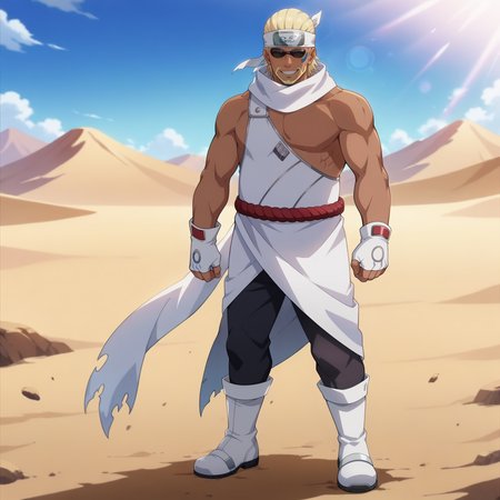 desert, sunlight, 
,full body, front view, evil grin,
<lora:killerbee v0:0.9> killerbee, 1boy, solo, sunglasses, headband, short hair, blonde hair, facial hair, beard, dark skin, dark-skinned male, facial mark, no eyebrows, muscular,  muscular male,
gloves, white dress, white gloves, fingerless gloves, pants, bare shoulders, standing, scarf, rope, white boots,
anime screencap, masterpiece, best quality,