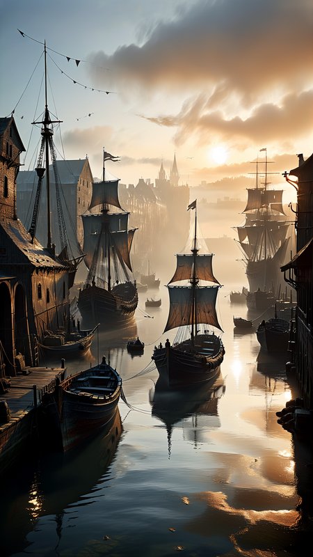 The scene depicts a medieval harbor at dawn, as the sun begins to set and cast a warm glow over the misty landscape. The mist, combined with the haze of the early morning, creates a dreamlike atmosphere. The stars twinkle brightly in the sky, their light reflecting off the still waters of the harbor. Ships are moored along the quayside, their sails furled against the chill of the night. Figures can be seen moving about, silhouetted against the fading light, going about their daily business. The overall tone is surreal, as if the viewer has stumbled upon this scene by chance, caught between the worlds of reality and fantasy. The level of detail is astonishing, from the intricate patterns on the ships' sails to the weathered wood of the quayside. The image has an otherworldly quality, as if it were painted by a master of the surrealist movement. low angel, 
<lora:add-detail-xl:0.9> dvr-lnds-sdxl <lora:MJ52:0.5> <lora:zavy-cntrst-sdxl:0.4> <lora:zavy-rmlght-sdxl:0.4> <lora:fog_creatures_v4:0.5>