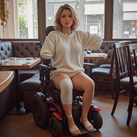 full frame  illustration, perfection, 4k , Analog photography, kodak portra 100, low grade, interior shot,  an attractive woman seating in a powered wheelchair, with a casted leg, thick straps cover her leg from upper thigh to foot, and one arm sarmamp.
cosy french restaurant background, daylight light, 1980' mood, fluffy white angora sweater, straight immobilized leg and disability. Smooth and cosy lightening.