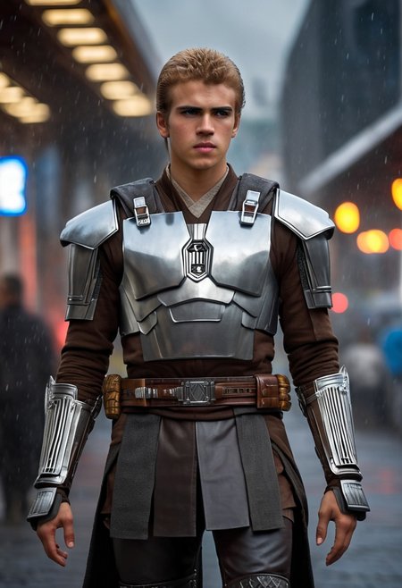 Anakin Skywalker, 18-years old, (((full-body))), blonde hair, bracers armor, jedi armor, wide shot, (((full body)), street, Breathtaking, 8k resolution, extremely detailed, beautiful, establishing shot, artistic, hyperrealistic, ultra realistic render, extremely fine details, like-like render, cinematic lighting, dramatic volumetric lighting, masterpiece, light brazen, extremely detailed and beautiful face, 150mm, HDR10 <lora:Wowifier:0.69> <lora:Details:0.85>, starwars, in heavy raining futuristic  rooftop cyberpunk night, sci-fi, fantasy, intricate, very very beautiful, elegant, neon light, highly detailed, concept art, soft light, hdri, smooth, sharp focus