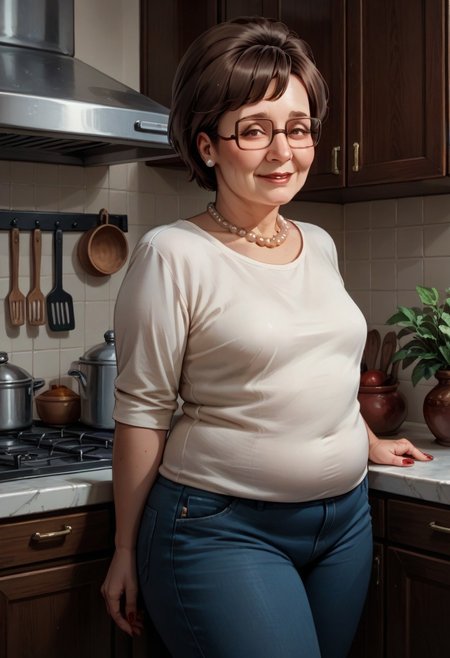 score_9,score_8_up,score_7_up,1girl, short hair, pearl necklace, ((mature woman)), soft smile, plump, standing, small breasts, eyewear, kitchen, full figure,red nails, brown hair, white tshirt, blue pants